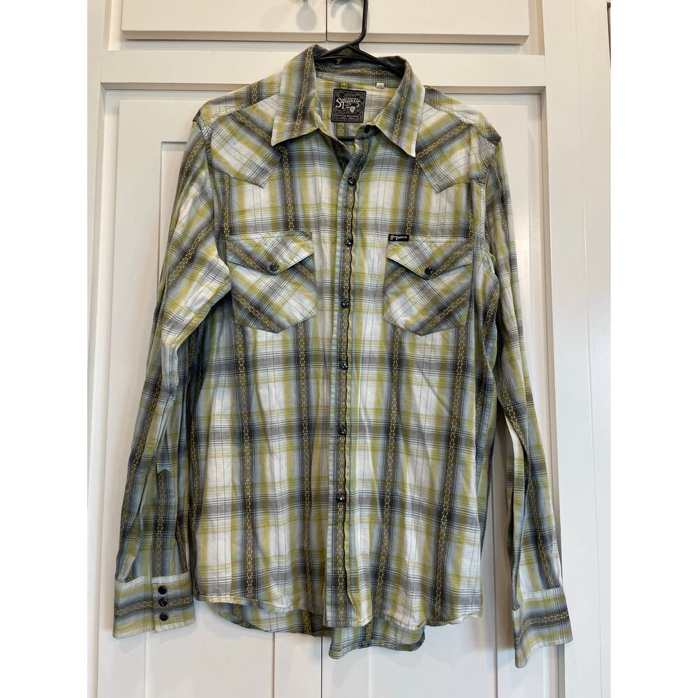 Southern Thread white/green/black plaid pearl snap western shirt L 100% Cotton